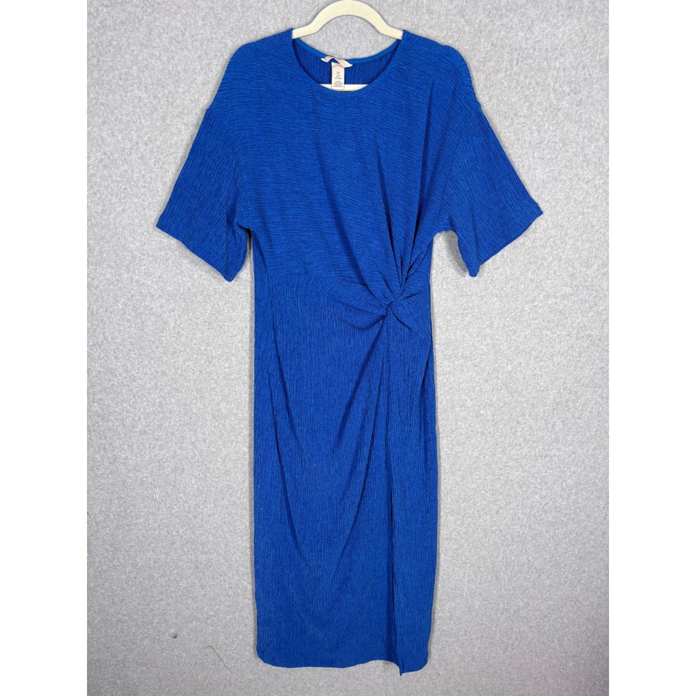 H&M Crinkle Knit Midi Dress Small Blue Knot Front Twist Textured Crepe Slit 90s